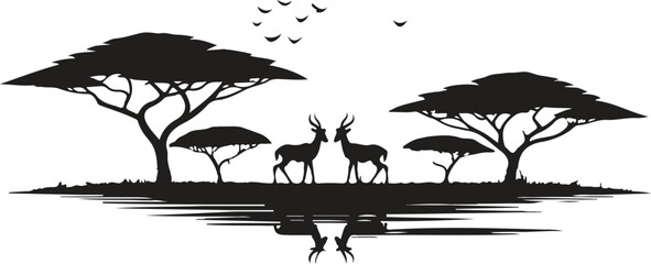 Black silhouette of African savanna landscape with antelopes, acacia trees, birds, and water reflection for wildlife vector design © MD