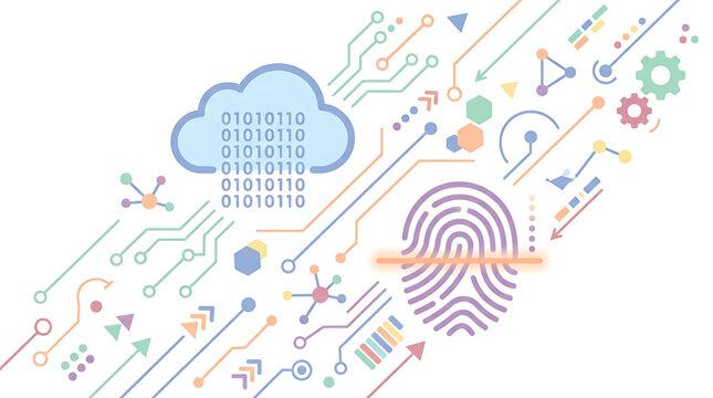 Digital cloud storage and biometric fingerprint security concept with abstract circuitry lines and geometric icons on a minimalist clean white background