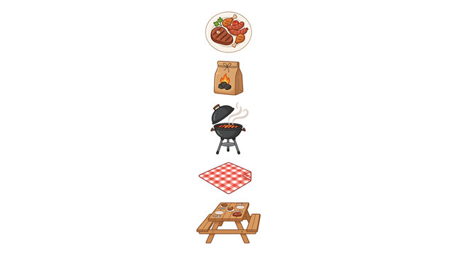 Vertical collection of barbecue icons featuring grilled meat charcoal grill picnic table and red gingham cloth elements for outdoor dining concepts