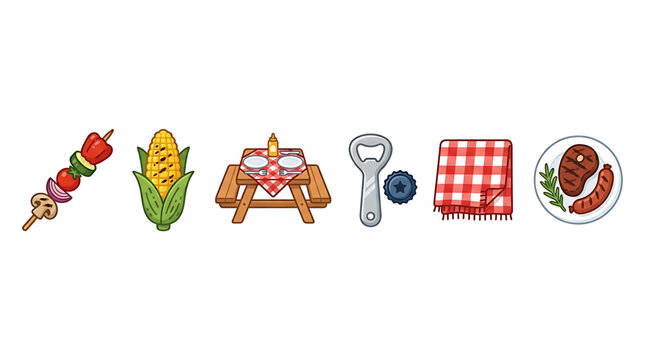 A collection of colorful barbecue and summer picnic icons featuring grilled vegetables corn a wooden table bottle opener tablecloth with displays set six distinct