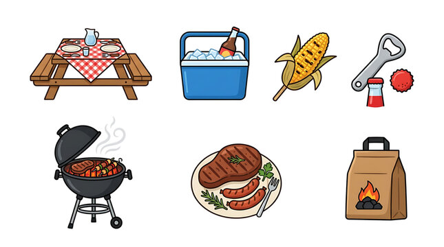 Set of colorful barbecue and outdoor picnic icons featuring grilled food items picnic table cooler and charcoal bag for summer party celebration design