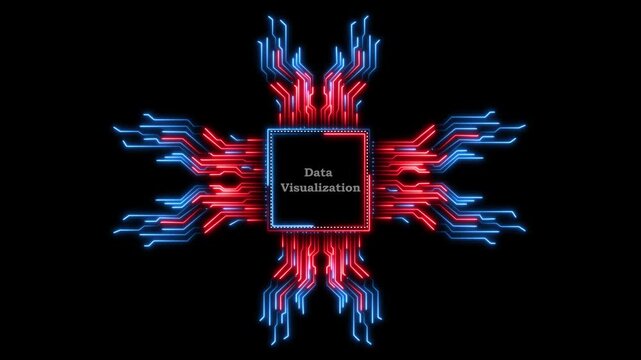 Abstract digital circuit board animation with glowing neon lines for data visualization.