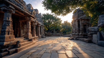 Obraz premium Ancient stone temple courtyard bathed in golden sunlight, detailed carvings on columns, suitable for travel blogs, historical documentaries and cultural tourism.