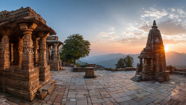 Ancient intricately carved stone temple ruins at sunrise with sunburst over misty mountains, perfect for travel, culture and historical exploration
