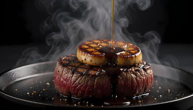 Premium Wagyu steak Rossini with seared foie gras sizzling on hot iron plate