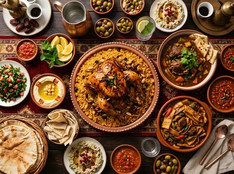 A spread of traditional Saudi dishes including chicken kabsa and margoog