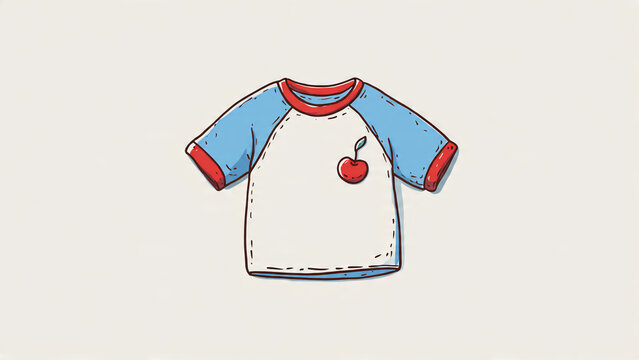 Cute cartoon t-shirt with cherry graphic and blue sleeves, ideal for kids' apparel design, playful branding and children's clothing concepts