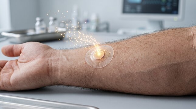 A medical bio-sensor patch on a man's arm illuminates with a bright, fiery orange sparkle in a clinical setting with medical instruments.