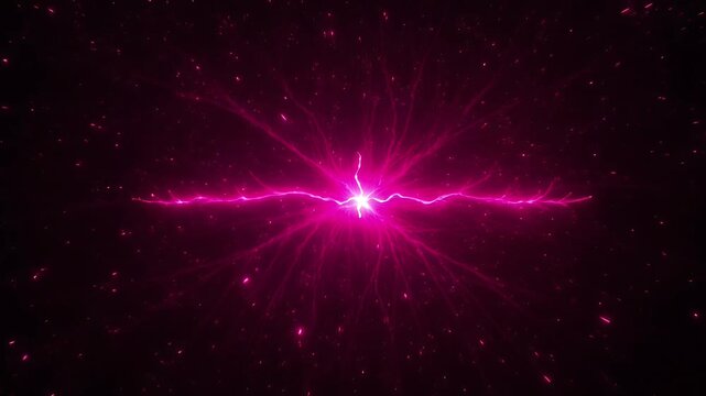 A vibrant pink energy burst emanating outwards with a bright light at its center, set against a dark, star-speckled background. The energy crackles and radiates with streaks of light.