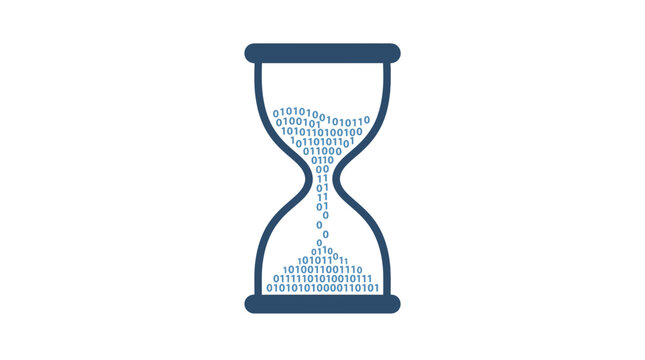 Hourglass filled with binary code representing the passage of time and data flow.