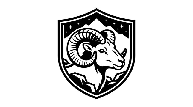 Ram head emblem with mountains and stars.