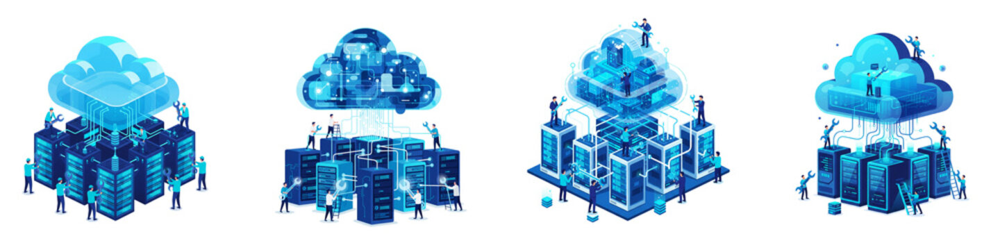 Isometric cloud server maintenance with engineers repairing data centers