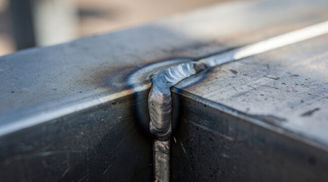 Close up of a steel metal joint with a fresh industrial arc weld bead