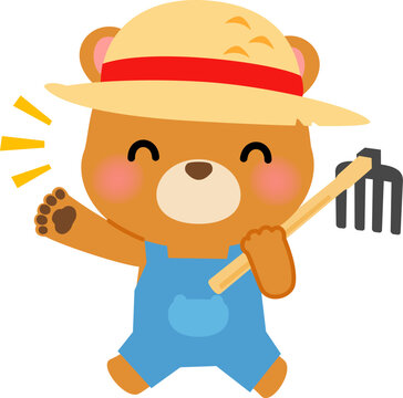 鍬を担ぐ麦わら帽子をかぶったクマのキャラクター
