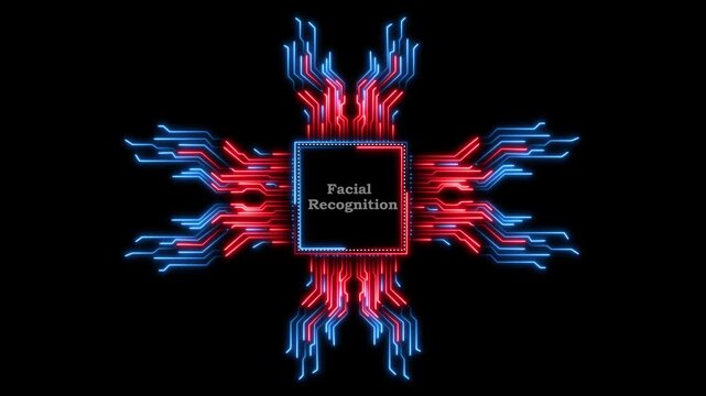 Futuristic facial recognition chip with glowing neon circuits on black.