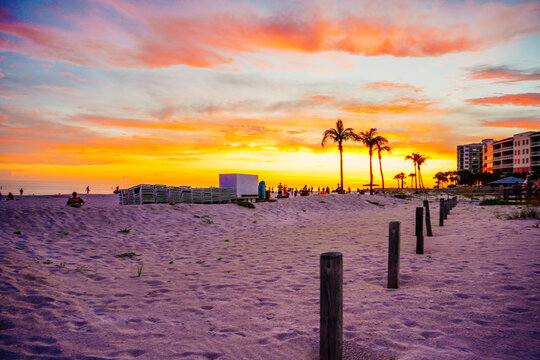 St Petersburg, Florida, USA: 07 03 2026: The landscape of saint Petersburg Madeira Beach in Florida at sun set