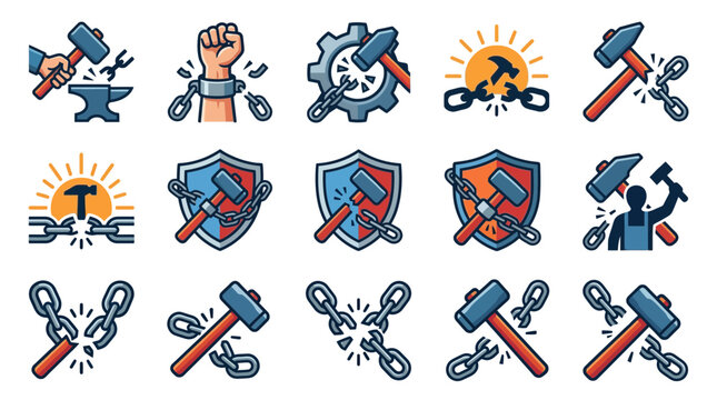 Set of icons representing breaking chains and overcoming obstacles with hammers.
