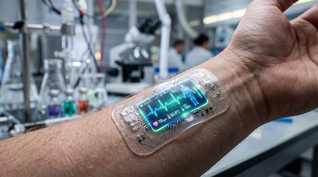 A close-up shot of a human forearm wearing an advanced transparent wearable sensor displaying vital health metrics in a modern laboratory environment.