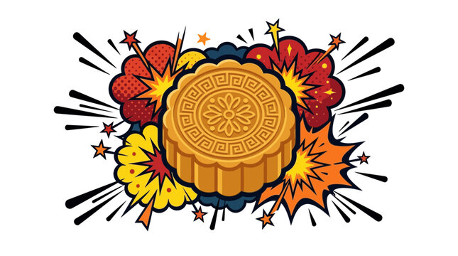 A stylized illustration of a traditional mooncake surrounded by comic book style explosions and bursts of color.