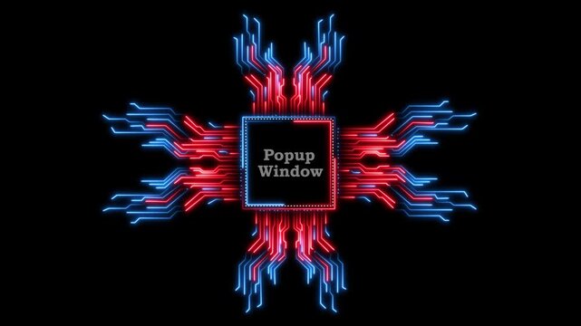 Animated circuit board radiating light signals with popup window center.