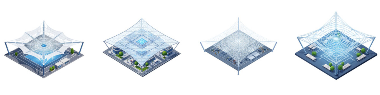 Isometric set of modern architectural membrane roof canopy structures