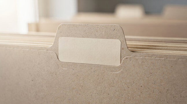 Close up of blank label on brown paper file folders for document storage in office drawer.