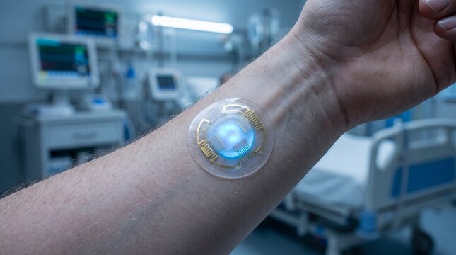 A person in a medical setting has a smart or monitoring patch with glowing light attached to their arm