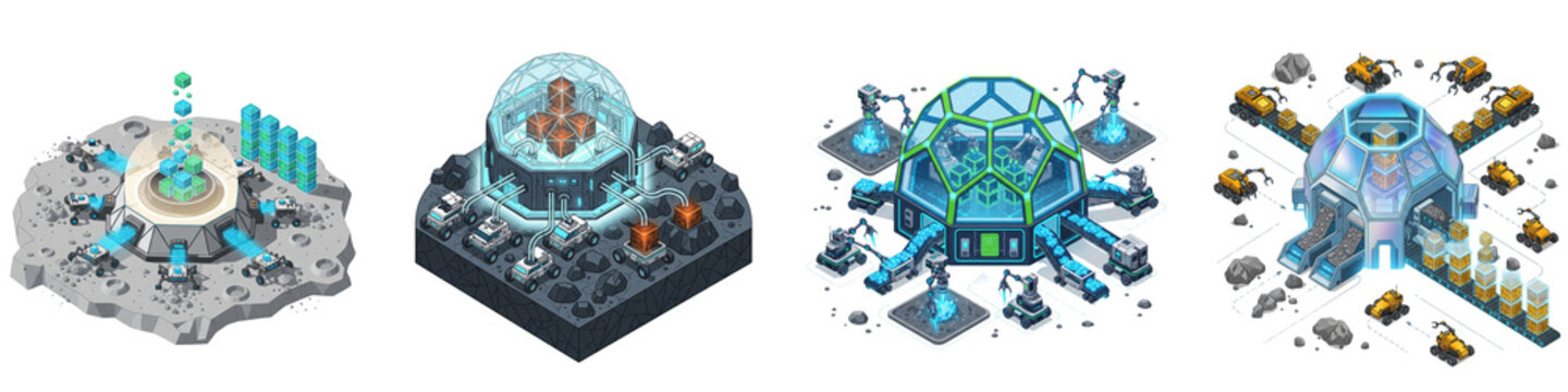 Isometric space mining colonies with futuristic lunar rover operations