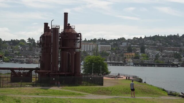 Rusty Industrial Gasometer Structure by Waterfront Park