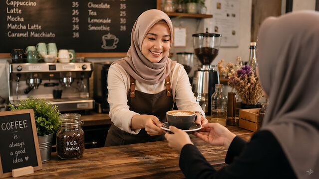 Muslim Barista Serving Coffee to Customer in Cafe Environment