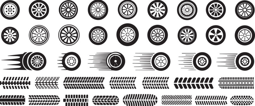 wheel rim and tire vector set with multiple tread and spoke icons pack