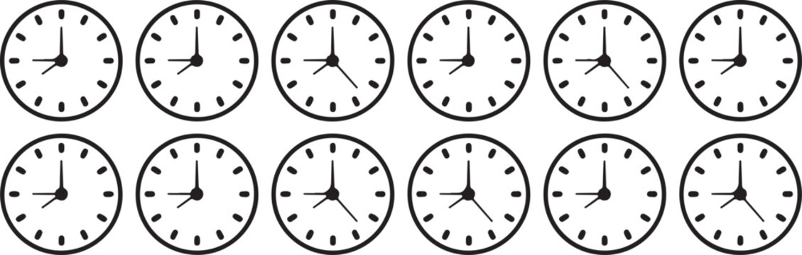 clock series of round dials illustrating progressive time sequence