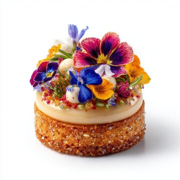 High tea dessert with petit gateaux decorated with edible isolated on a white background