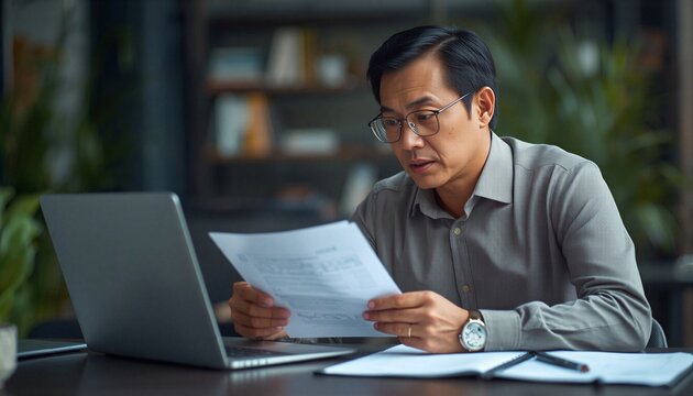 Asian businessman reviewing financial documents while working on laptop in modern office
