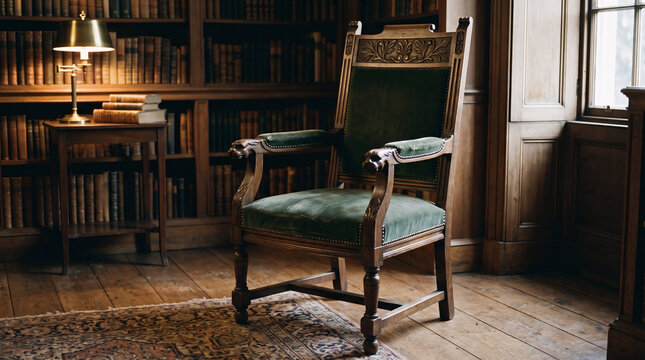 Vintage Green Armchair in a Classic Library Study Room Interior
