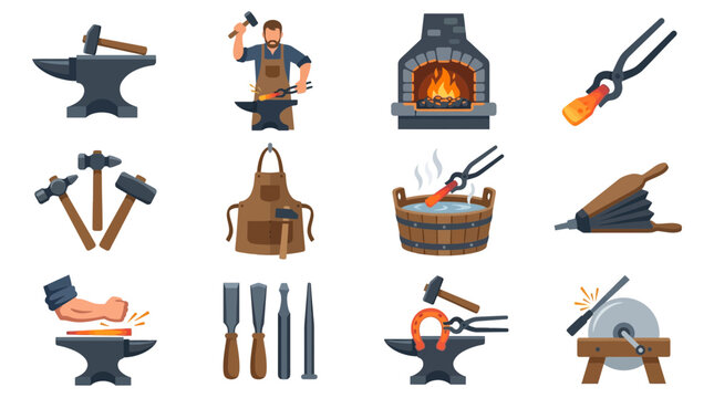 Collection of Blacksmithing Tools and Equipment Icons for Craftsmanship and Metalwork.