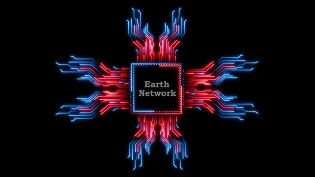 Neon digital microchip processor featuring earth network logo animation on black bg.