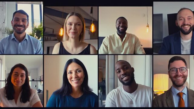 Video conference grid shows people smiling at webcams, remote meeting trust, online collaboration, client communication, team culture, digital workplace, webinar training, and professional connection.