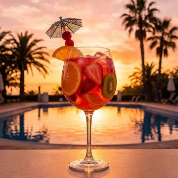 A Vibrant Fruit Cocktail with Miniature Umbrella Against a Stunning Tropical Sunset Poolside