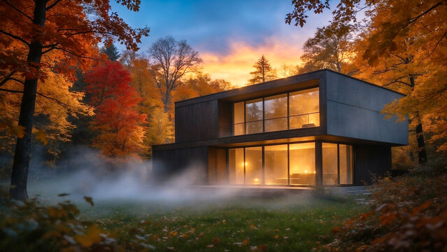 Modern eco house in autumn forest at sunset with morning mist