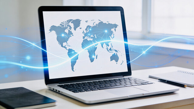 Open laptop on desk with global connection map on screen