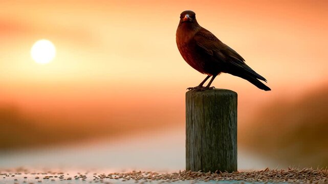 Bird Silhouette on Wooden Fence Post Over Scattered Seeds