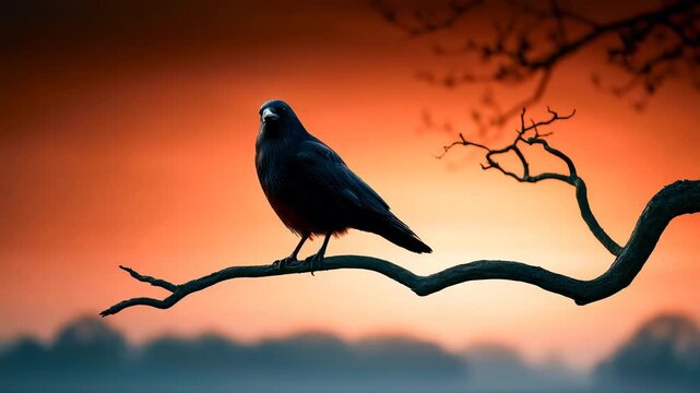 Crow Silhouette on Bare Twisted Branch Over Field at Dusk