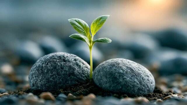 Green Seedling Sprouting Between Stones Macro Hope Concept