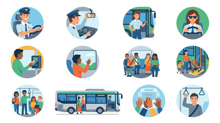 Set of flat vector icons showing bus drivers and passengers in various urban transport situations. © biawak