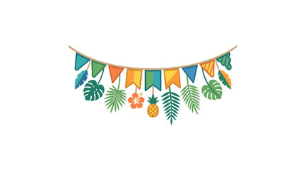 Colorful tropical party bunting garland with exotic leaves and fruits hanging on a string. © biawak