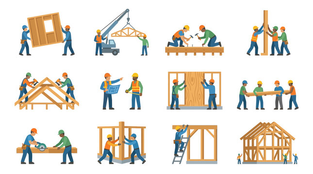 Set of construction workers building a wooden house frame with various tools and equipment.