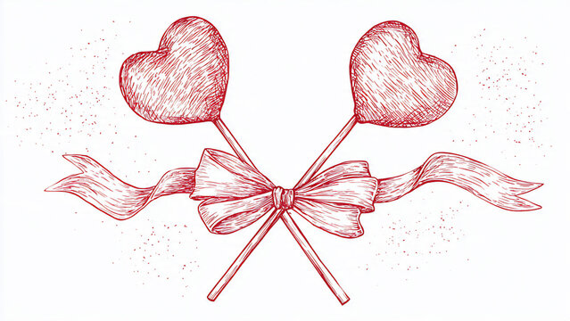 Two hand-drawn red heart lollipops crossed with a ribbon and bow, detailed sketch, concept for Valentine's Day, love and romance, sweets and celebrations