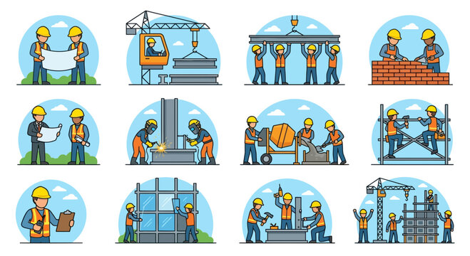 Set of construction worker icons showing various building activities and engineering tasks.