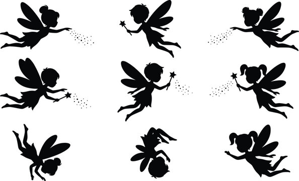 Cute Little Fairy Silhouette Vector Set with Magical Pixies Flying, Holding Star Wands, and Scattering Pixie Dust for Kids Fantasy Graphic Designs